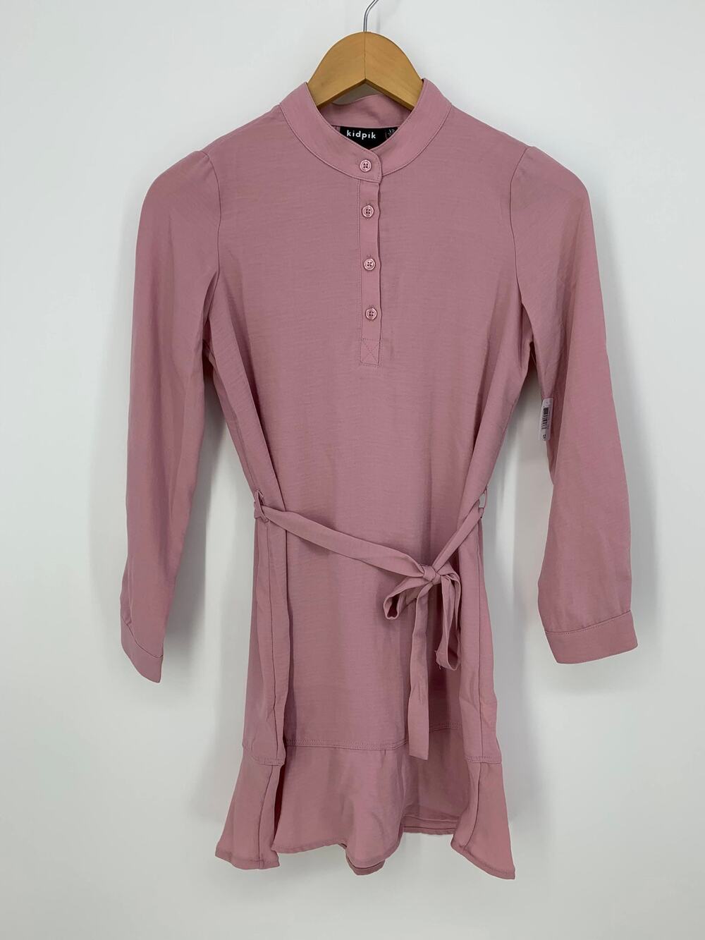NEW KidPik Girls 12 Blush Pink Long Sleeve Button Front Shirt Dress Tie Belt